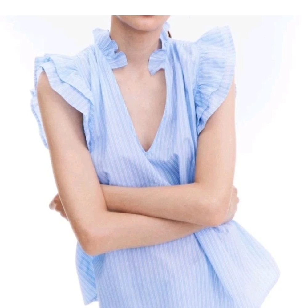 Ruffle Trimmed Striped Blouse Blue And White Feminine Boho Nautical Breezy M